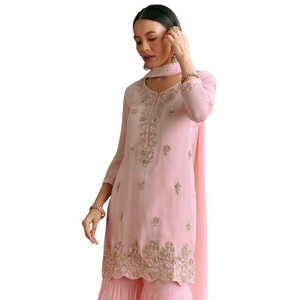 All'ingrosso Baby Pink Georgette Kurta Sharara vestito con Organza Dupatta Moti lavoro per la festa di nozze e su ordinazione di ordini etnici - Product Image 4