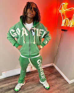 Haute qualité pierre lavé Vintage survêtement broderie patchs Boxy Fit pantalon de survêtement évasé et pull veste ensemble Sewatsuit - Product Image 4