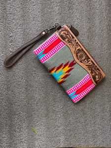 New Stylish Western Aztec Tooled Leather Wristlet Clutch Vintage Brown Tooling Purses <b>Unique</b> Aztec Quilted Leather Wristlet <b>Bag</b> - Product Image 2