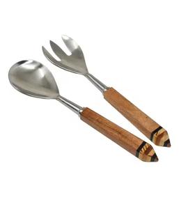 Serveurs à salade Cuillère à salade Fourchette Ustensiles de service en acier inoxydable pour mélanger avec manche en bois Vente chaude - Product Image 1