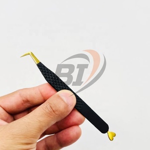 Stainless Steel Pointed Eyelash Extension Tweezers 90 Degree Heart Design Black With Gold Hand Tested Lash Tweezers - Product Image 1
