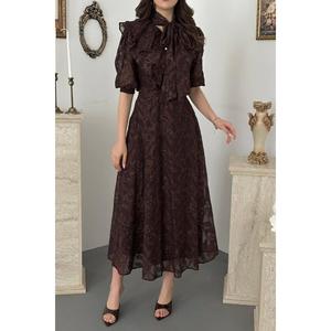 Vestido Azul con Lazo Marrón - Marrón - Product Image 4