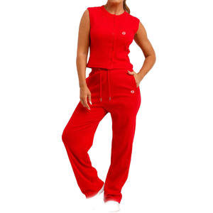 Ensemble de détente deux pièces côtelé pour femme, haut sans manches à boutons et pantalon large à cordon de serrage, production OEM sous marque privée - Product Image 1