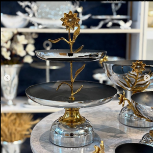 Silver Gold Metal Serving Trays And <b>Tier</b> <b>Stands</b> And Bowls Dishes With Floral Pattern Made of Stainless Steel And Brass Indian - Product Image 5
