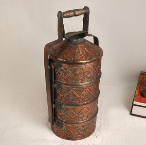 Fiambrera de cobre Tiffin de 2 niveles Tiffin de metal Diseño maravilloso Forma redonda Caja de cobre Tiffin para picnic con asa al por mayor - Product Image 2