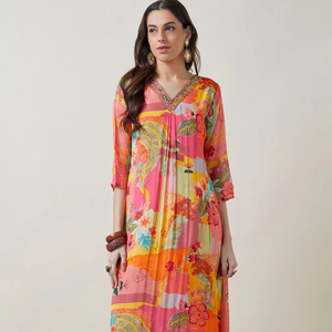 Dernière tendance pêche imprimé floral Chinon une ligne robe avec perles et pierres longues manches 3/4 élégante robe femme - Product Image 1