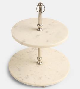 Support à gâteau à 2 étages en marbre blanc de luxe avec poignée argentée, support à dessert rond moderne, tour à cupcakes pour fête, hôtel, buffet, décoration - Product Image 3