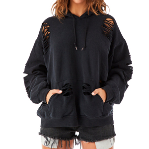 Dernier modèle 2025 sweat à capuche surdimensionné uni de couleur noire pour femmes grande taille sweat à capuche vierge déchiré sweats à capuche pour femmes - Product Image 1