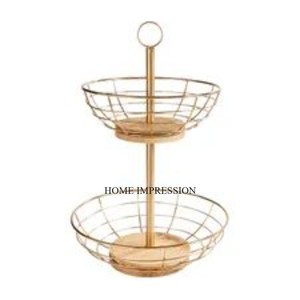 Base ronde en bois à 2 niveaux avec fil métallique enduit de poudre de couleur noire pour l'organisation du stockage des fruits et du pain. - Product Image 6