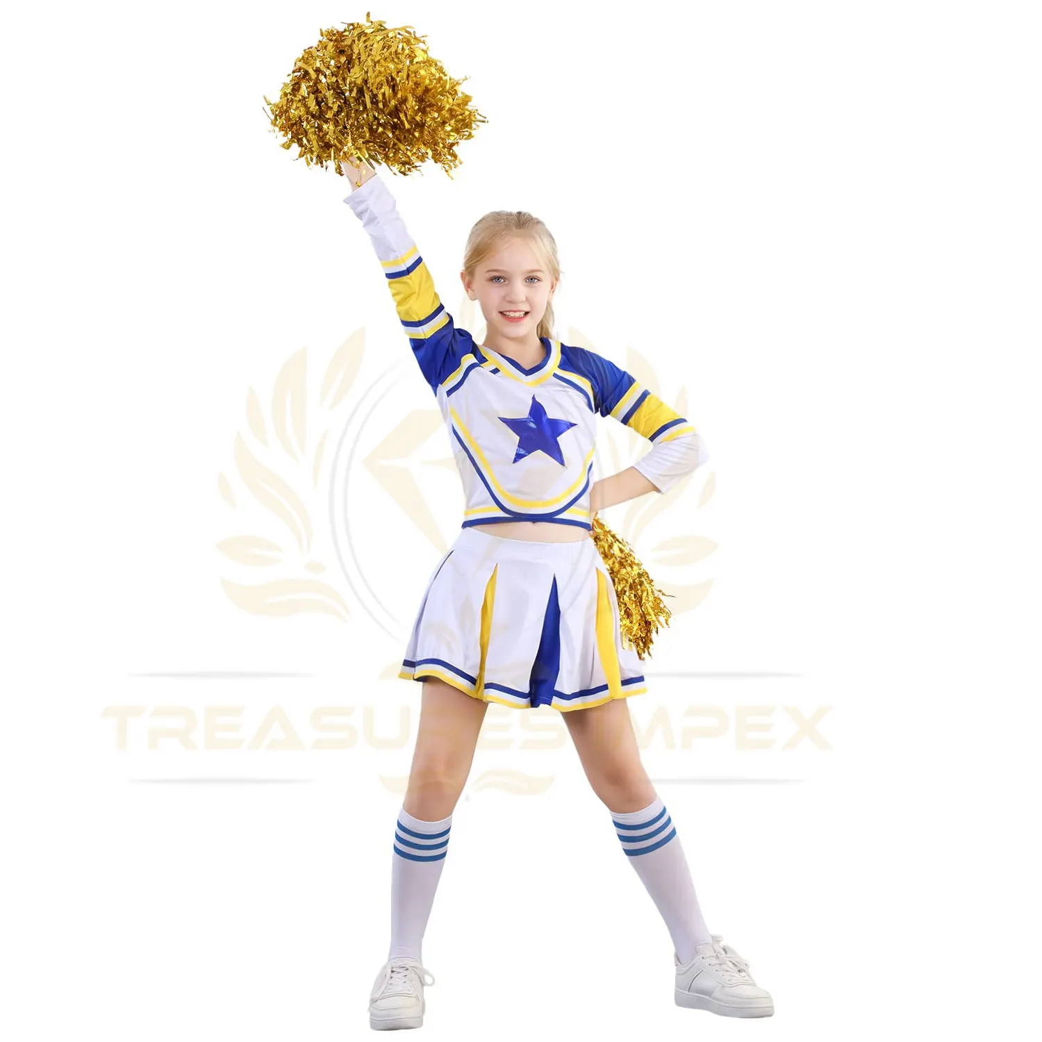 Uniforme de sport Prix de gros Costume pour filles Cheerleading Uniforme Robe Tenue avec bas 2 pompons