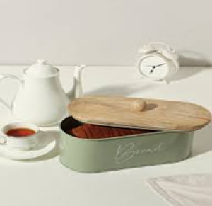 Boîte à pain en métal vert menthe avec couvercle en bois Bac de rangement de cuisine moderne pour la vente en gros Couleur et logo personnalisés-pour les déjeuners - Product Image 1