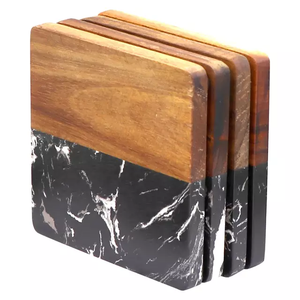 Juego de posavasos decorativo para el hogar, mesa de madera de Acacia y piedra de mármol negro para servir té y café, 4 piezas, novedad - Product Image 6