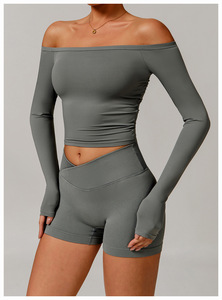 2025 nuevo Super suave Delgado hombro manga larga Crop Top gimnasio entrenamiento Yoga pantalones cortos activos conjuntos de ropa deportiva para mujer transpirable - Product Image 2