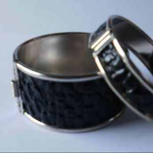 Handcrafted Luxury <b>Silver</b> Tone <b>Cuff</b> <b>Bracelet</b> With Elegant Black Crocodile Skin Textured Inlay Wide Hinged Bangle For Women High - Product Image 1