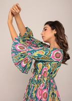 Robe Midi Multicolore Imprimée Fleurie à Manches Longues en Coton pour Femme, Tendance, Idéale pour Fêtes et Tenues Décontractées Estivales