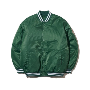 Chaqueta de béisbol de bombardero de satén de seda a precio barato de MOQ bajo para hombres, puños a rayas de alta calidad, chaquetas con ribete de costilla frontal con botón a presión - Product Image 6