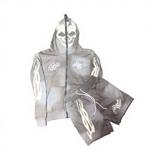 Conjunto de Sudadera con Capucha y Pantalones Cortos de Algodón 100% Transpirable con Cremallera, Estilo Streetwear, Efecto Desgastado por el Sol y Lavado Ácido, Personalizado, para Invierno - Product Image 2