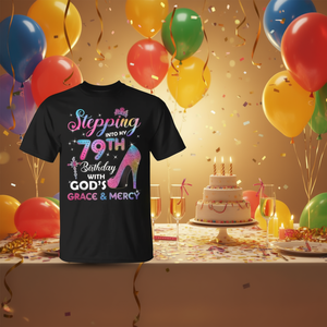 Stepping Into My 79th Birthday T-Shirt <b>Women</b> Short Sleeve Crew Neck Digital Printing <b>Party</b> <b>Wear</b> - Product Image 3