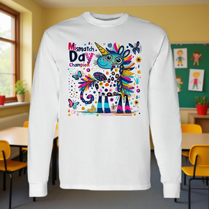 T-Shirt a Maniche Lunghe per la Scuola con Unicorno Colorato 'Mismatch Day Champion', T-Shirt Promozionale Personalizzabile - Product Image 3