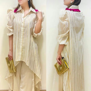 Conjunto Asimétrico de Algodón Lurex Blanco Hueso, Conjunto de Diseñador Indio, Conjunto de Uso Diario, Túnica de Algodón con Estampado Metálico y Pantalones Palazzo - Product Image 2