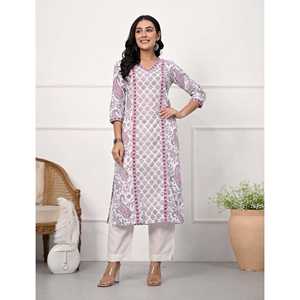 Hand Drawn White Butti Block Printed Cotton Straight <b>Kurti</b> with Pakistani Style Salwar Kameez for Daily Wear and Parties - Product Image 1