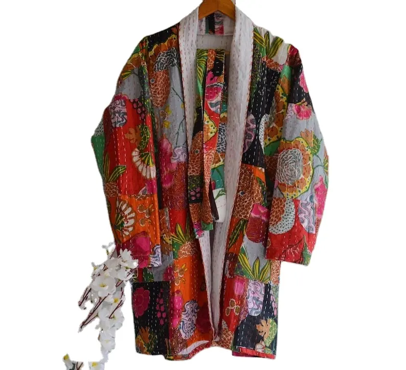 Fruchtpatch-druck kantha-jacke Frontöffnung Jackett japanischen Kimono-Stil Strandbekleidung bohème Kantha-Bräuß Winterjacke Boho-Mantel