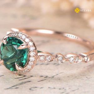 แหวนทองคำขนาด8มม. สีเขียวมรกตทรงกลมสีเขียวมรกตแหวนทองแฮนด์เมดแหวนหมั้น - Product Image 2