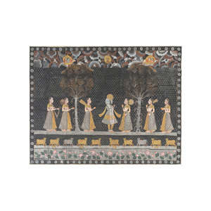 Art mural et tapisserie en tissu de coton gris et noir Pichwai Art, motif paysager pour la décoration intérieure - Product Image 1