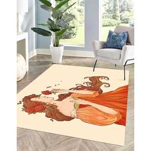 Tapis Mucha Déesse tenant des roses, Tapis imprimé pour décoration moderne, Tapis en velours de luxe - Product Image 1