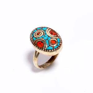 Anillo de piedras preciosas de lapislázuli de Coral turquesa Natural, hecha a mano tibetana Sortija de plata, joyería de boda - Product Image 1