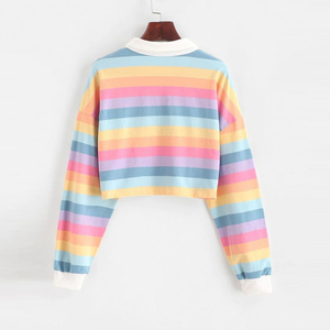 Hoodies Women <b>rainbow</b> Patchwork women's sweatshirt summer Button turndown Harajuku Streetwear Fashion Crop <b>Top</b> Hoodie - Product Image 2