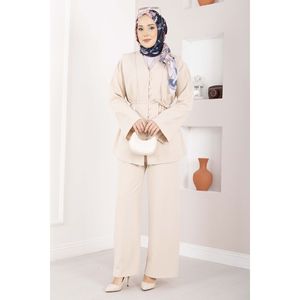 Conjunto de Traje de Dos Piezas para Mujer, Estilo Británico, Color Beige, con Cinturón Abotonado, Diseño Elegante - Product Image 3