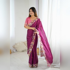 Sari Indio Elegante para Fiesta, Listo para Usar, con Trabajo de Zari Pesado, Seda Nupcial, el Más Vendido al por Mayor - Product Image 3