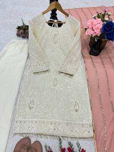 FabZone <b>Women's</b> Vintage-Style Beige Faux Georgette Embroidery Work <b>Kurta</b> Set Designer for All Seasons-for Weddings Other - Product Image 3
