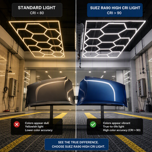 Lumière d'<span class=keywords><strong>atelier</strong></span> LED hexagonale SUEZ, CRI élevé Ra90, éclairage de plafond sans ombre en nid d'abeille pour le detailing automobile, garage, vente en gros OEM - Product Image 5