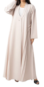 ชุดอาบายาสีเบจอ่อนแบบมินิมอลลิสต์คอปกผ้าคลุมไหล่และกระดุมเม็ดเดียวปิดได้ง่ายสไตล์เรียบง่ายเพื่อความสง่างามในชีวิตประจำวันที่ทันสมัย - Product Image 3