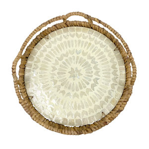 Plateau de service en MDF avec motif géométrique en mosaïque de nacre beige, paniers tissés en jacinthe d'eau - Product Image 3