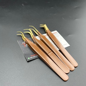 Pinces à épiler pour extensions de cils en acier inoxydable japonais durable ASB Instruments, couleur or brun, pointes en fibre pour volume de cils, crochet - Product Image 5