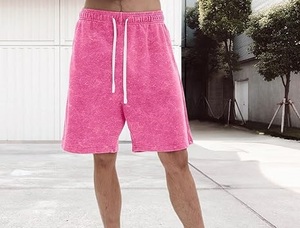 Customized Streetwear Acid Washed Rhinestone French Terry Pink Sweat <b>Shorts</b> for <b>Men</b> Embroidery Hip Hop Drawstring Summer Fashion - Product Image 2