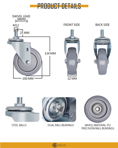 Roulettes à roulement à billes de 4 pouces pivotantes avec tige filetée M12 Roue PU - Product Image 6