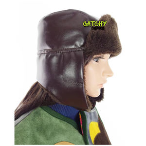 Chapeau trappeur aviateur en PVC marron vintage, vegan, avec garniture en fausse fourrure de mouton - Product Image 5