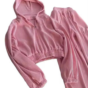 Femmes automne lourd 100% coton velours survêtement nouveau Style personnalisé culture ensembles strass capuche survêtement strass détail - Product Image 3