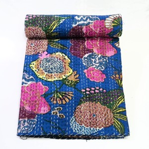 Handmade Indian Cotton Kantha <b>Quilt</b> Blue Floral Printed Blanket Kantha <b>Throw</b> from Jaipur Multi Color Bed and Sofa Cover - Product Image 4