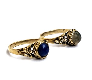 Bagues vintage en laiton plaqué or avec pierres naturelles Lapis Lazuli et Labradorite, motif floral, sertissage clos, style bohème, unisexe, pour anniversaire - Product Image 2