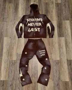 Ensemble de survêtement streetwear pour homme, avec fermeture éclair, appliqué brodé, pantalon évasé, sweat-shirt lourd et pantalon de survêtement, ensemble de survêtement - Product Image 4