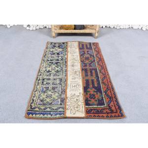 Tapis Vintage Classique en Laine Bleu Vert Motif Géométrique Rectangle de 1.7X2,8 pieds pour Décoration d'Entrée de Chambre à Coucher avec Support en Latex - Product Image 1