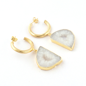 Designer Gold Electroplated Chunky <b>Hoop</b> Earrings for Women Amazing Genuine White Geode Slice Druzy Hanging <b>Huggie</b> <b>Hoop</b> Gifts - Product Image 3