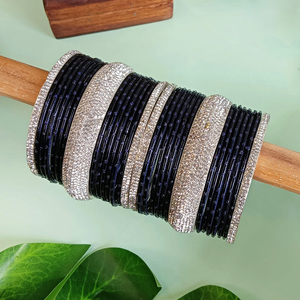 Bijoux indiens pour femmes mariée CZ cristal brillant plaine métal Bracelet Bracelet bijoux en gros, bleu foncé - Product Image 4