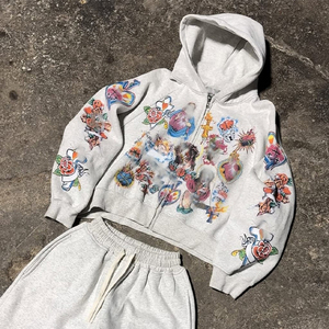 Conjuntos de pantalones de chándal de peso pesado con logotipo personalizado de algodón 100%, sudadera recortada con estampado de pantalla y Sudadera con capucha, chándal, chándal - Product Image 4