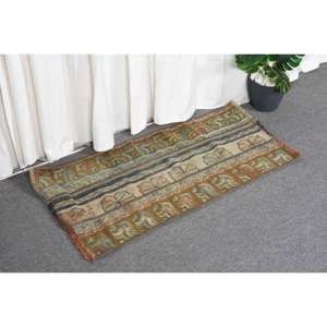Traditional <b>Brown</b> Blue Patchwork <b>Wool</b> Rug 1.8 X 3.7 ft Handmade Turkish Jacquard Weave Latex for Hallway Bedroom Bedside Rugs - Product Image 3